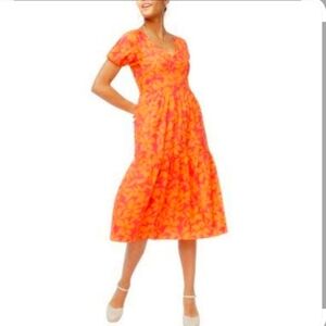 J. Crew Factory Size 4 Preppy Pink Orange Floral Puff Sleeve Tier Midi Dress NWT